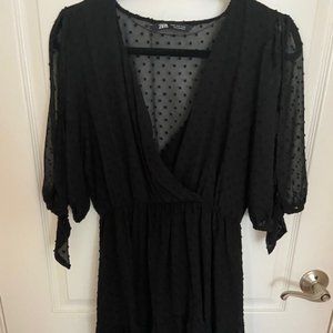 ZARA BLACK SHEER MESH V NECK WRAP DRESS